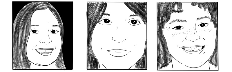 Black and white illustrations of the faces of missing and murdered Indigenous women and girls