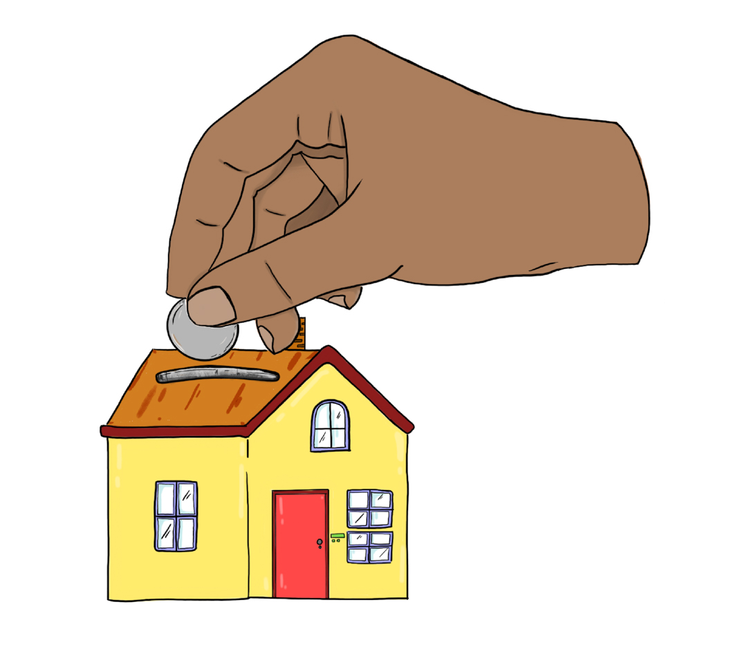 Illustration of a hand putting a coin into a house-shaped piggy bank