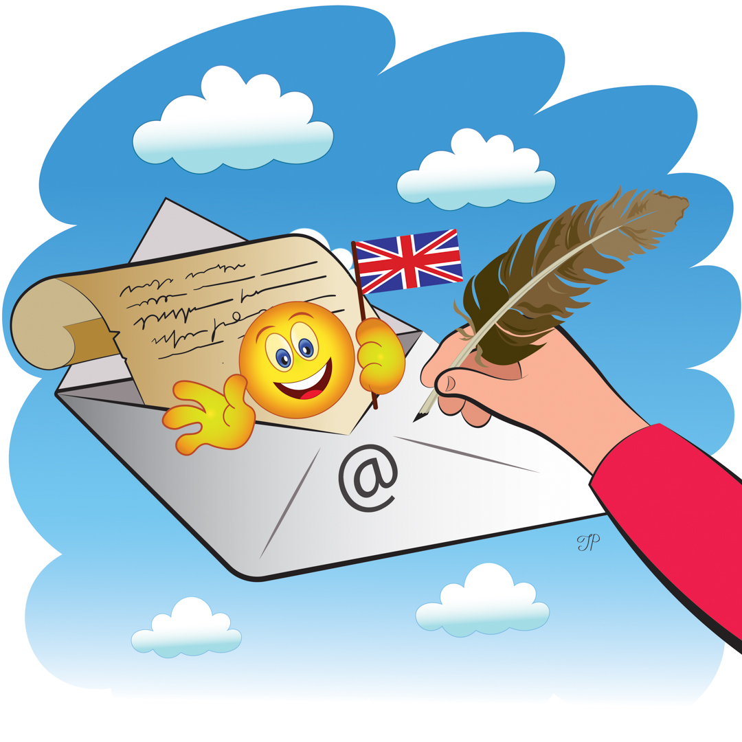 Illustration of a hand writing a letter in an envelope, with a waving emoji holding an UK flag in front of it.