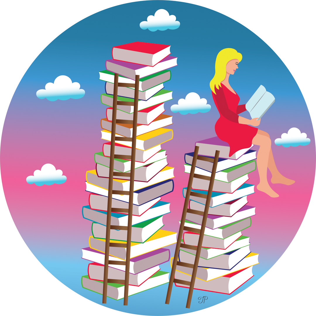 Illustration of a person sitting on top of two giant stacks of books with ladders on them. A person sits on top of one stack, reading.