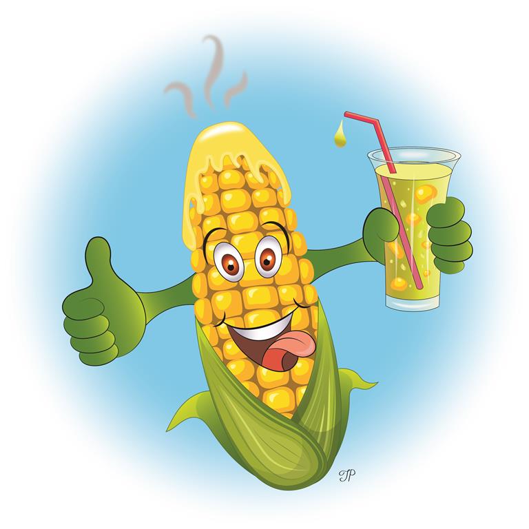 An illustration of a piece of corn covered in butter holding a drink
