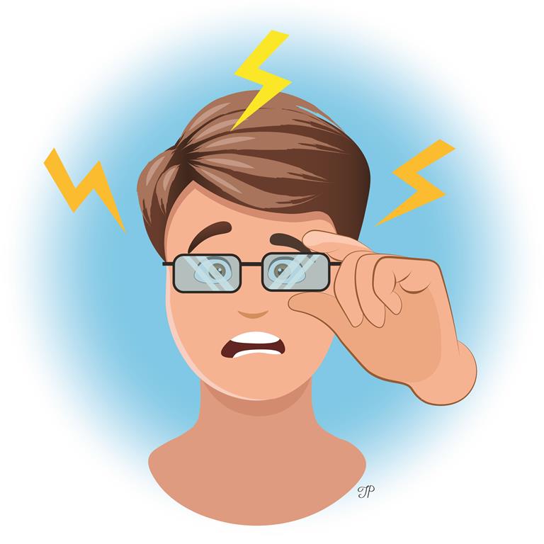 An illustration of a person holding glasses with a shocked face