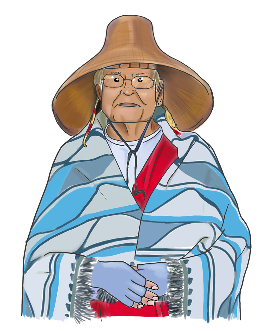 Illustration of Siyamiyateliyot/Elizabeth Phillip wearing a traditional Sto:lo outfit