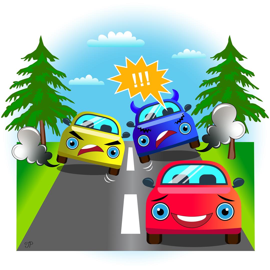 An illustration depicting a happy looking smiley car in front of the road, and two unhappy grumpy looking speeding cars behind. Message with exclamation marks coming from one of the cars.