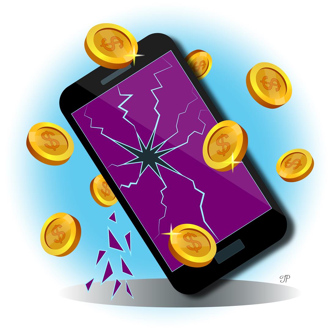 An illustration of mobile phone with broken glass and long cracks along the screen. Multiple coins with a dollar sign surround the phone.