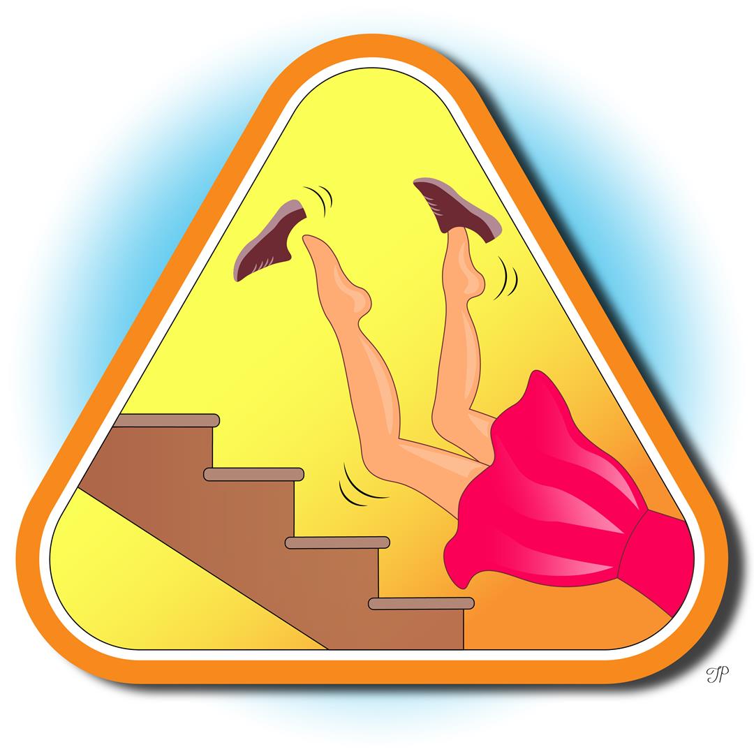 A triangle-shaped warning sign showing stairs and a girl falling headfirst. Her shoes are falling away. Only part of the girl’s body depicted - from feet to waist.