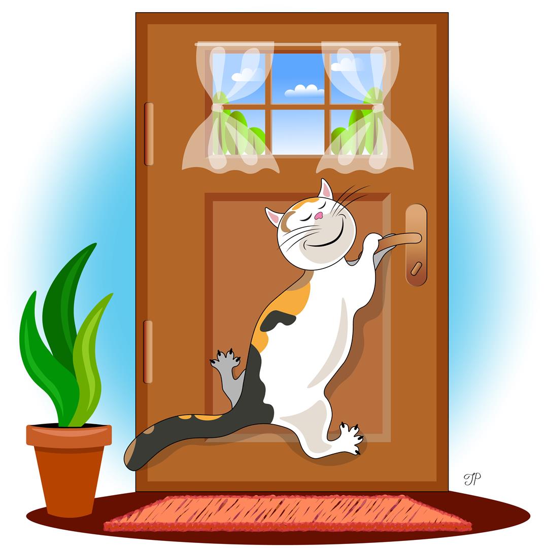 A smiling cat hangs on the front door handle with the intention to escape the house. There are a few elements of interior design: front door’s window with a valance, potted plant, door mat.