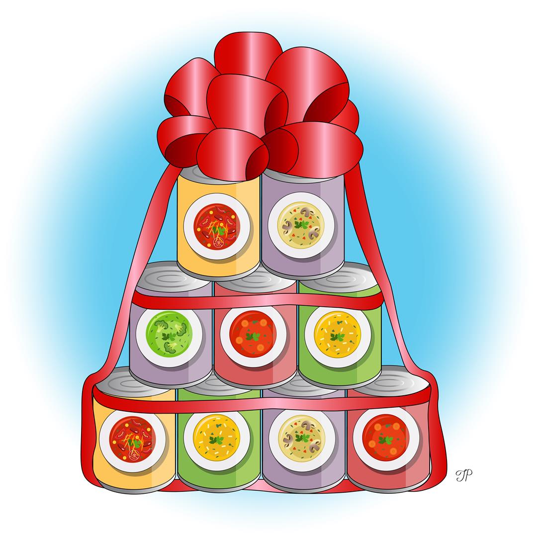 Multiple soup cans stacked in the shape of a Birthday cake and wrapped with a gift ribbon.