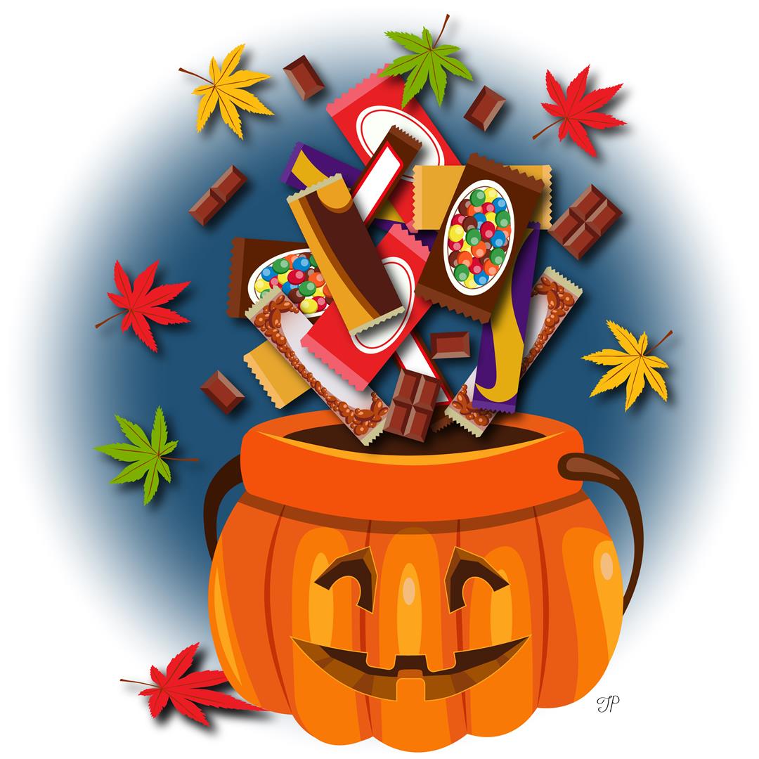 A variety of chocolate bars are flying into the Halloween pumpkin basket. A few colorful fall leaves complement the composition.