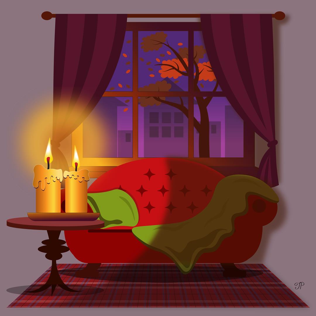 A living room interior lit by candles: a sofa with a blanket and a pillow, an end table with two large lighted candles, and a window with curtains. The neighbourhood houses with no light. A tree outside being blown in the wind losing its leaves.