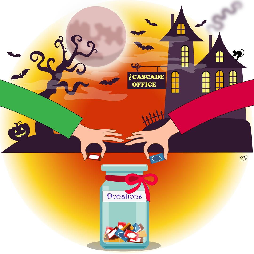 A chocolate candy jar with a sign “Donations” depicted in the foreground. Two hands with small chocolate bars are hanging over a jar. A Halloween looking style background: a dark castle with a sign “The Cascade office”, a curly dark tree, flying bats and big moon.