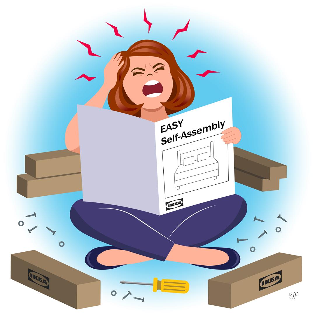 A stressed-out girl with an IKEA assembling manual in her hand sitting on a floor surrounded by multiple furniture boxes and tools.