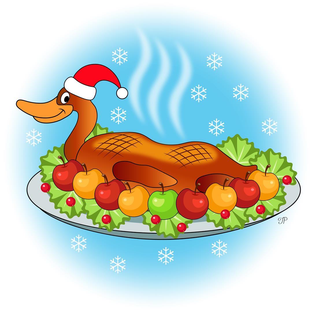 A roasted duck on a dish decorated with apples, salad leaves, cranberries, and surrounded by snowflakes in the background. Santa’s hat is on the duck’s head.
