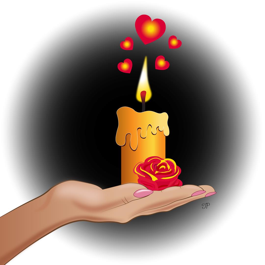 A hand holding a candle and rose. The candle’s fumes are heart shaped.
