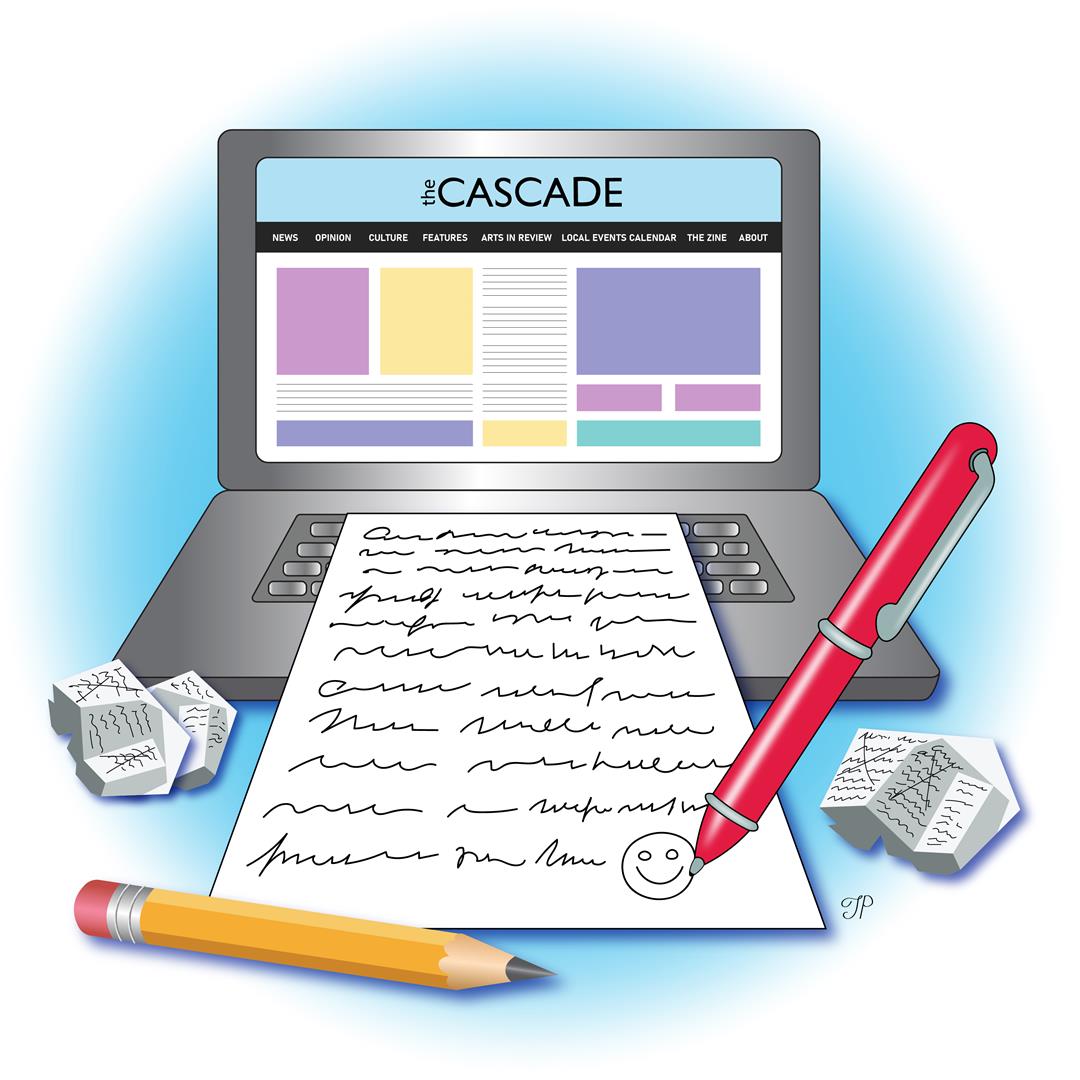 A paper with handwritten text and smiley face at the end. There is a pen, pencil, and crumpled paper drafts in the foreground. A laptop with the Cascade web site is in the background.