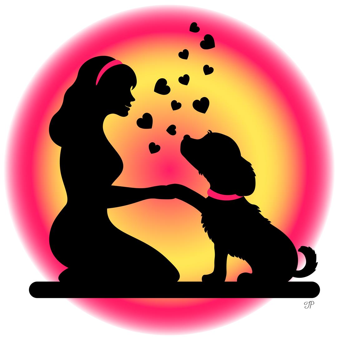 A silhouette of a girl and a dog sitting beside each other and looking at each other. The girl is holding the dog's paw. Hearts are flying between them.