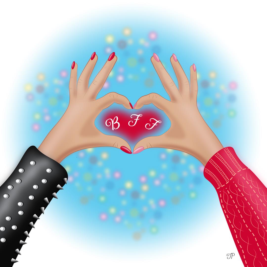 There are two hands in the shape of a heart. Letters BFF are inside of the heart shape. One hand is in a sweater, the other is in a leather spiked jacket.