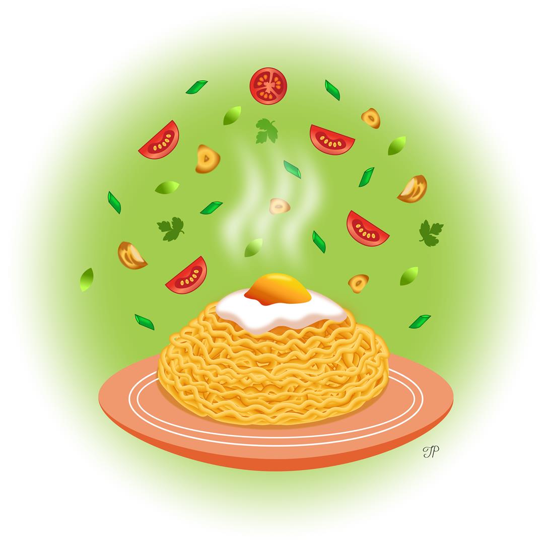 A big bowl of noodles with a fried egg on top. Fried garlic, shallots, tomatoes, and spices are flying above the plate.
