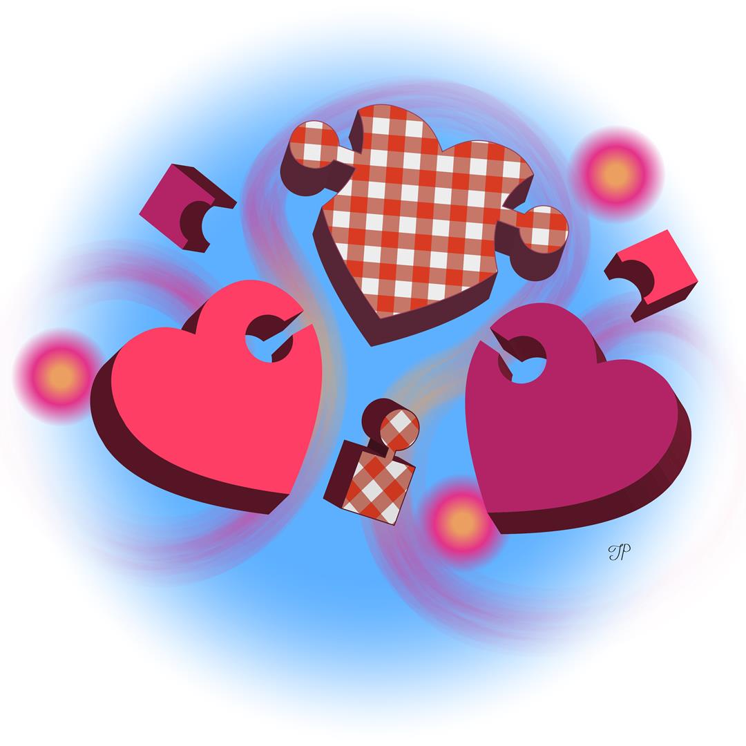 Three big hearts shaped like three pieces of one puzzle. There is an abstract background with smaller puzzle pieces.