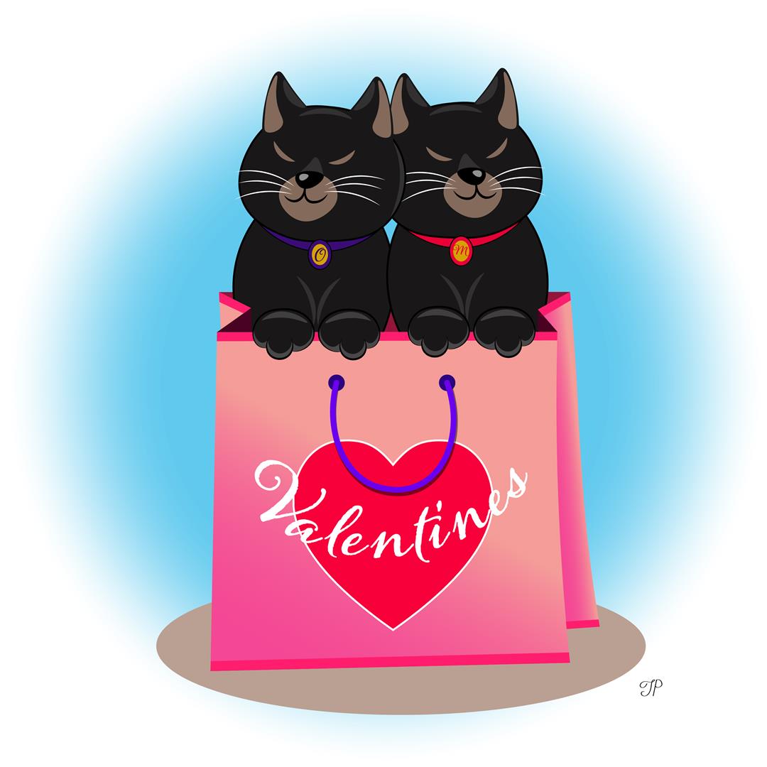 Two similar-looking cats are sitting in a paper gift bag with the sign Valentines.