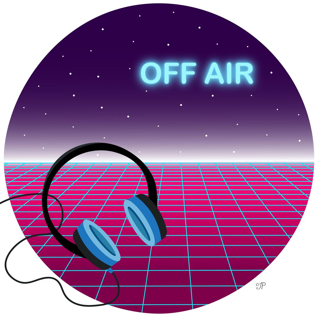 There are headphones in the foreground and a sign Off Air with a quite starry background.