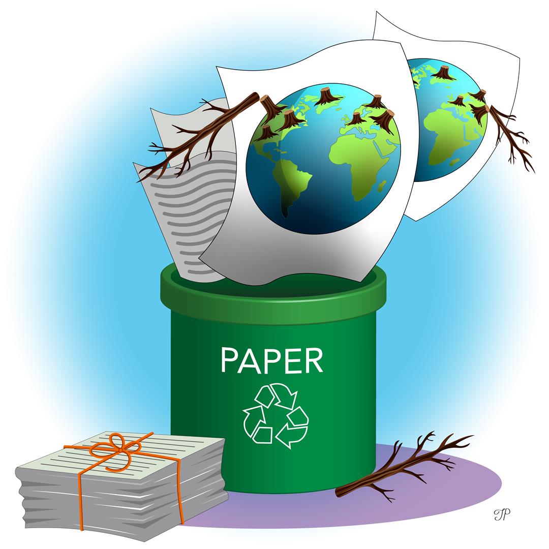 Paper is falling into a paper waste bin. The paper shows a picture of Earth with stumps, cut, and falling trees. There is a pack of used paper in front of the bin.