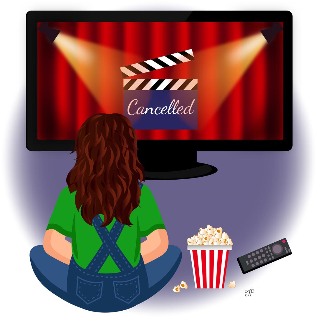 A girl with popcorn and a TV remote control is sitting and watching a TV show with the sign “Cancelled.”