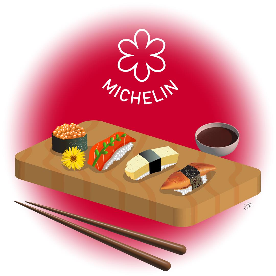 There is a plate with four sushi, soy sauce, and sushi sticks. A Michelin star and the word “Michelin” are in the background.