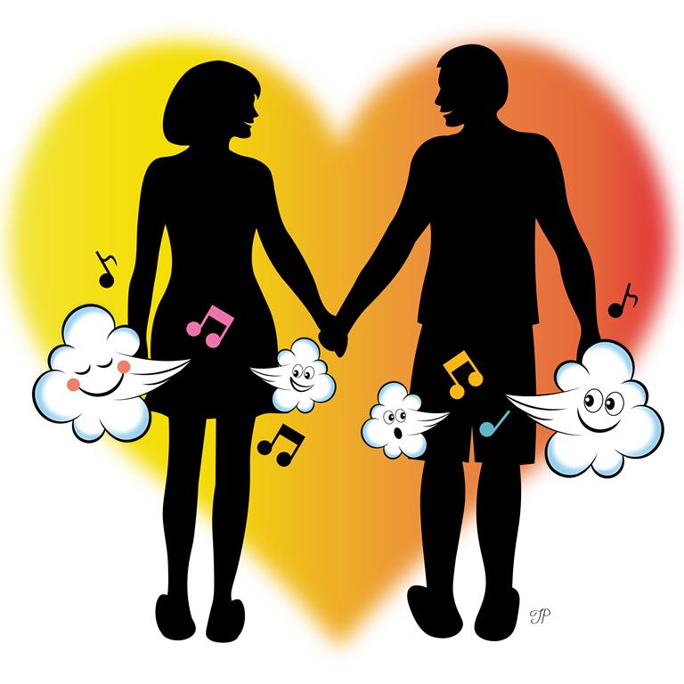 A couple holding hands, looking at each other with smiles. The symbols of farts and musical notes are depicted in the foreground.