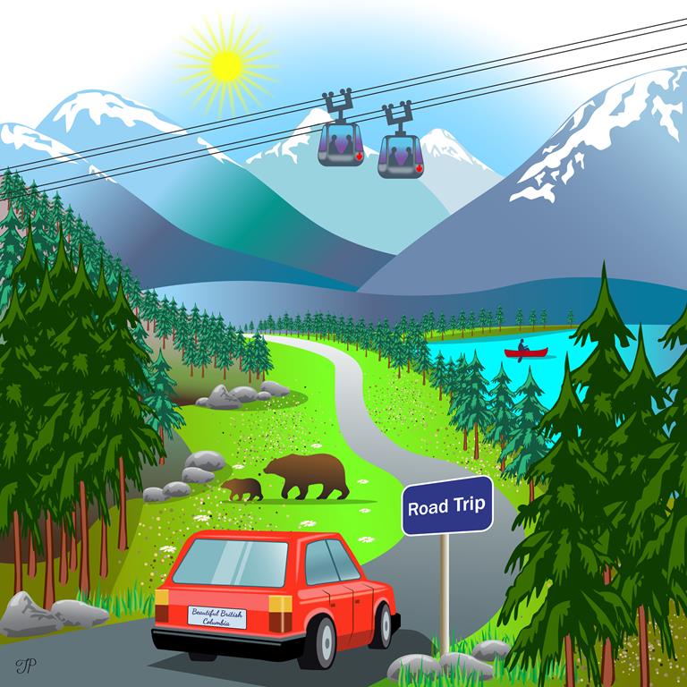 A car travels on the road surrounded by a mountain landscape (forest, lake, mountains). There is a sign “Road Trip” in the foreground. A bear, a cub, a canoe on the lake and two gondolas are depicted in the background.