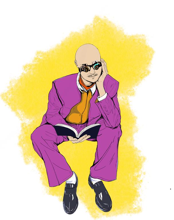 An illustration of a futuristic man wearing computerized goggles is reading a book. He sits on a yellow background and is wearing a purple suit. 