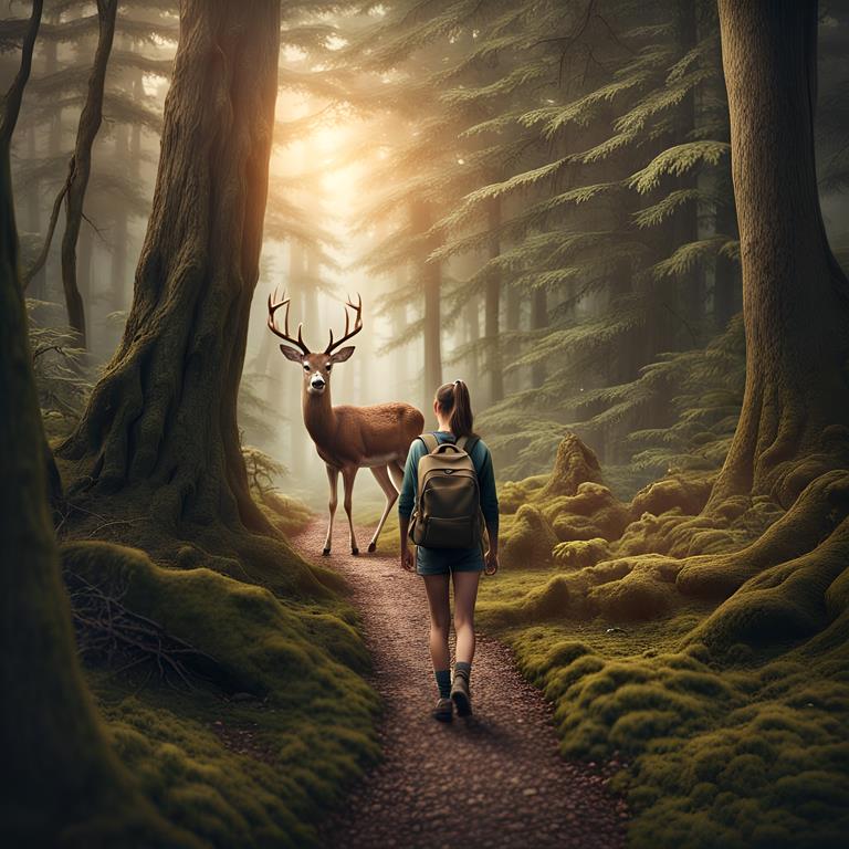 A girl hiking in the woods. A deer stops in front of her