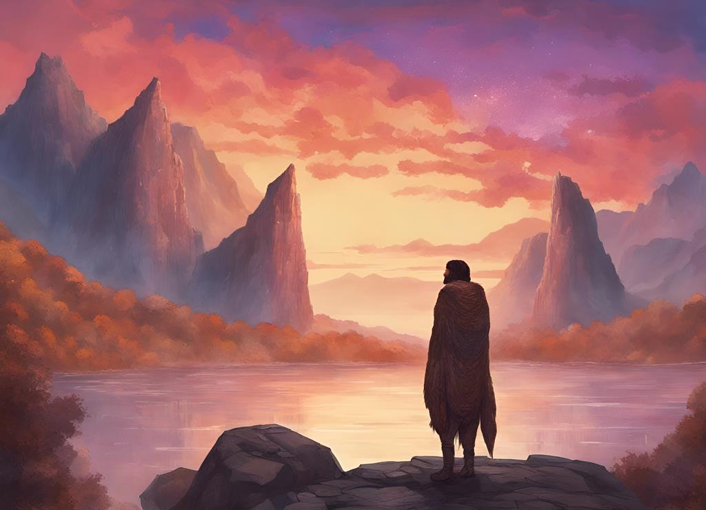 A caveman wearing a coat made of fur stands on a rock staring at a lake, bordered by mountains and cliffs