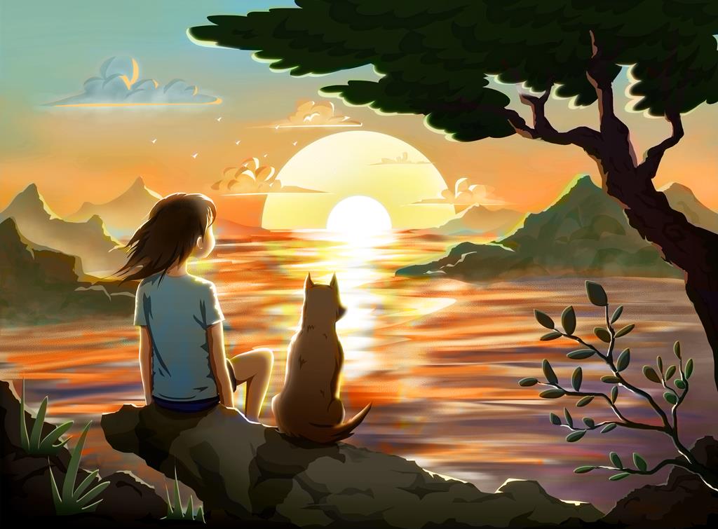 A girl and her dog under a tree sitting on a rock at a lake staring at the sunset.