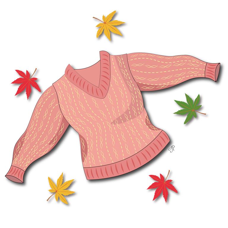 A picture of a classic v-neck sweater surrounded by fall leaves
