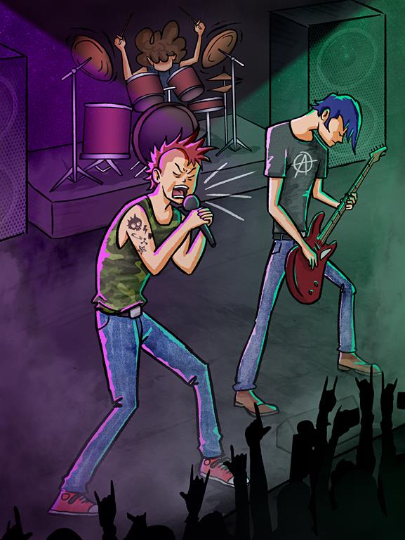 A drawing of two punk band members performing. One is screaming into the microphone while someone beside the singer is passionately playing the guitar.