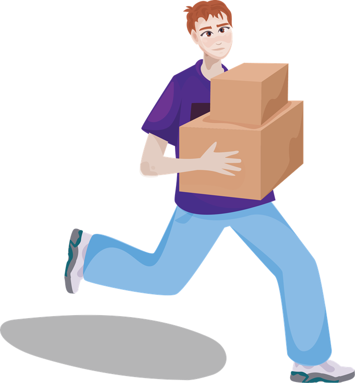 An illustration of a person wearing a blue shirt and jeans carrying two boxes stacked on top of each other while running.