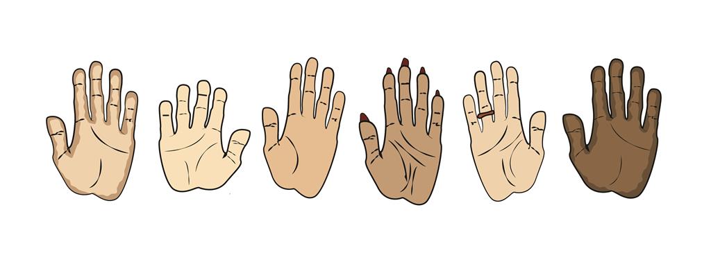 An illustration of an array of 5 different skin coloured hands a