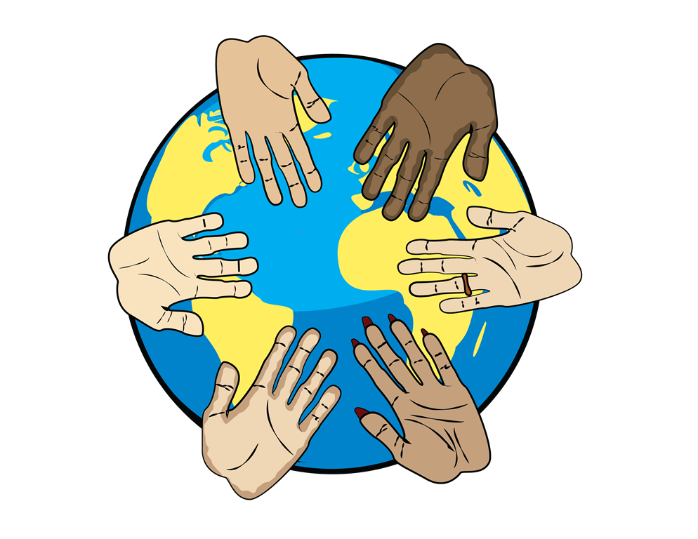 an illustration of 5 different coloured hands covering the globe