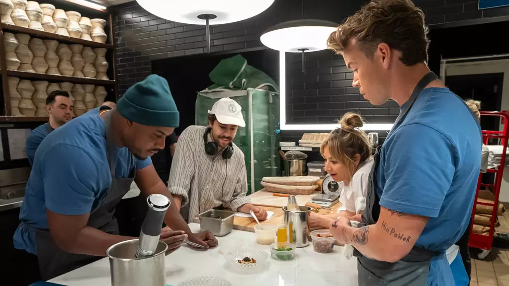 Will Poulter, Lionel Boyce, Ramy Youssef and Coco Storer on set at Chicago's After, the sister bar to Michelin-starred Ever, filming the "Honeydrew" episode of 'The Bear' season 2 