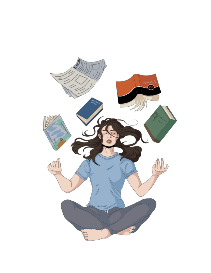 An illustration of a girl juggling books with her eyes closed in a cross legged position