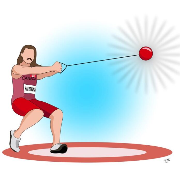 An athlete performing hummer throwing - a metal ball attached by a steel wire to a grip.