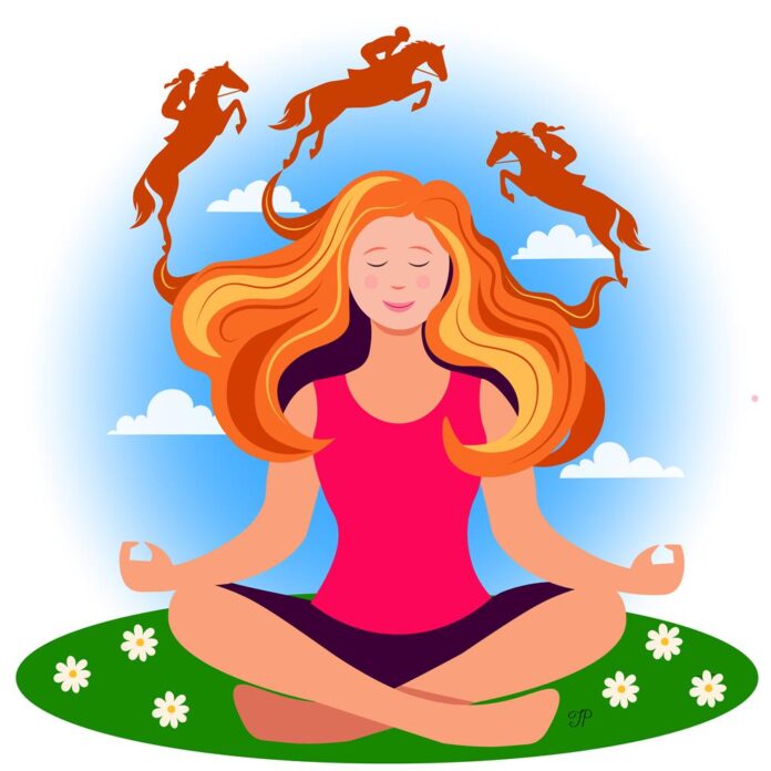 A girl meditates in a flower field. Her curly hair forms the shape of a horse with a rider.