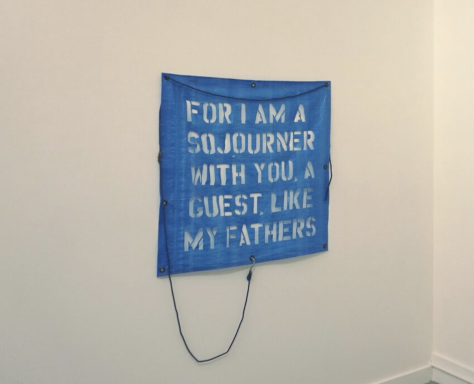 Jenny Hawkinson, For I am a sojourner with you, a guest, like my fathers, 2020, tarp, grommets, rope, hook, 34 x 36 inches