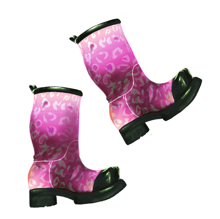 An illustration of pink boots with hearts on them