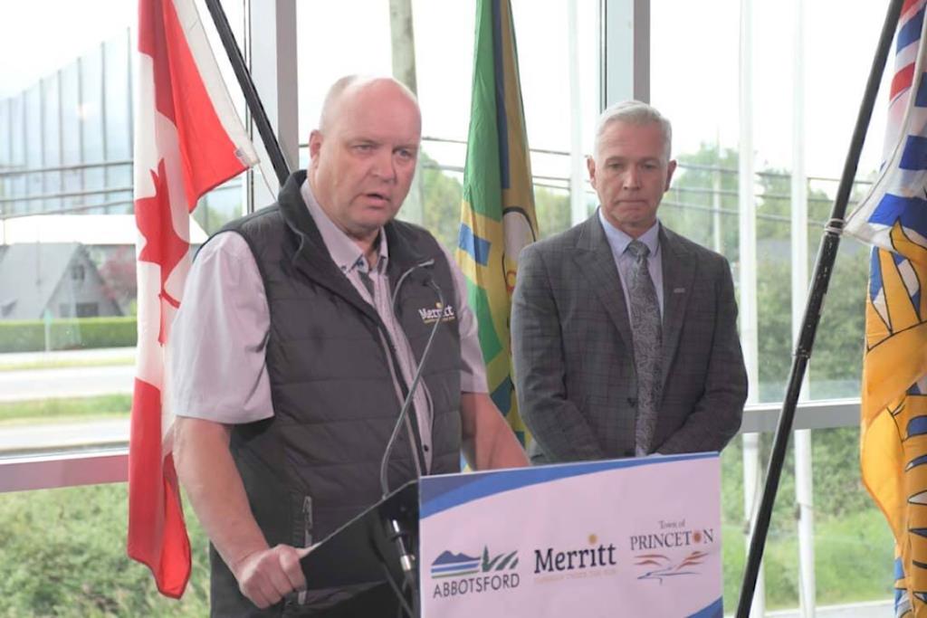 Merritt Mayor Michael Goetz and Abbotsford Mayor Ross Siemens at a June 3. 2024 press conference at the Clarion Hotel and Conference Centre. 