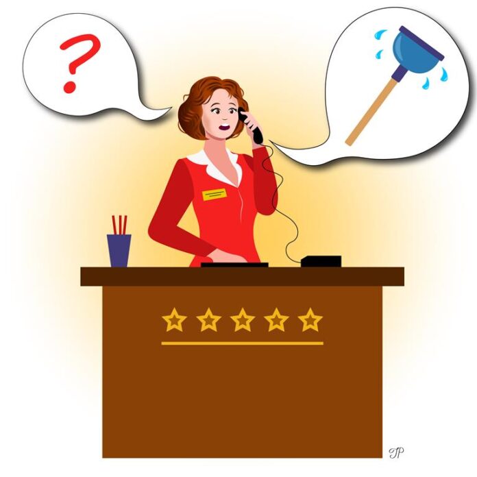 A girl at a reception desk answering a phone call. A thinking cloud with a question mark appears above the girl, and another thinking cloud with a plunger image comes from the phone.