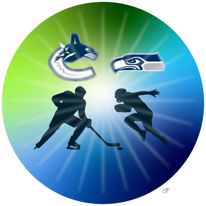 A hockey player from the Vancouver Canucks and a football player from the Seattle Seahawks are moving toward each other, with their team logos in the background.