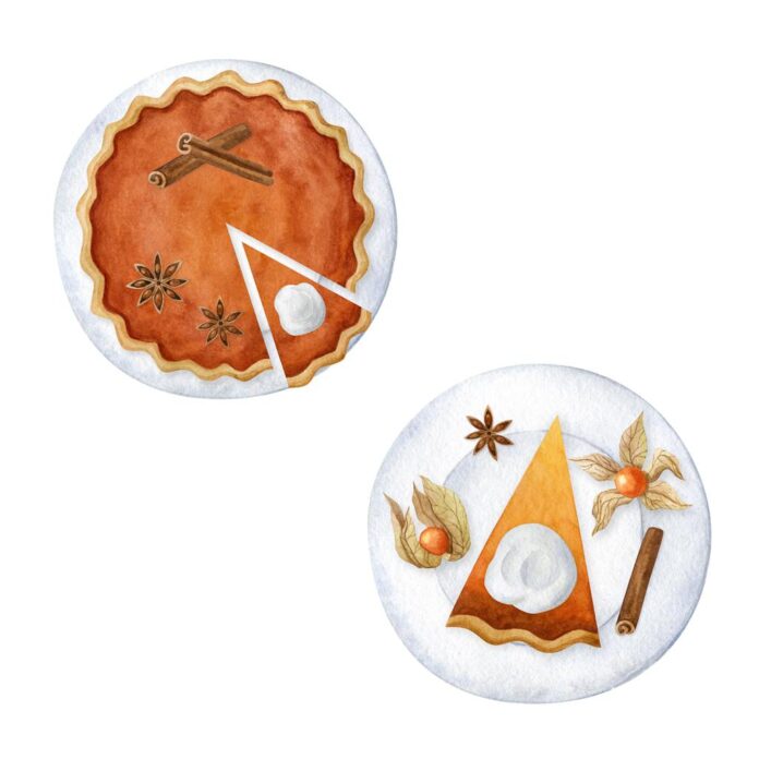 Pumpkin pie with anise, cinnamon and piece of pumpkin pie and physalis on the plates. Watercolor set of hand drawn clipart. Thanksgiving day dessert. Autumn art for invitations, menu, greeting cards