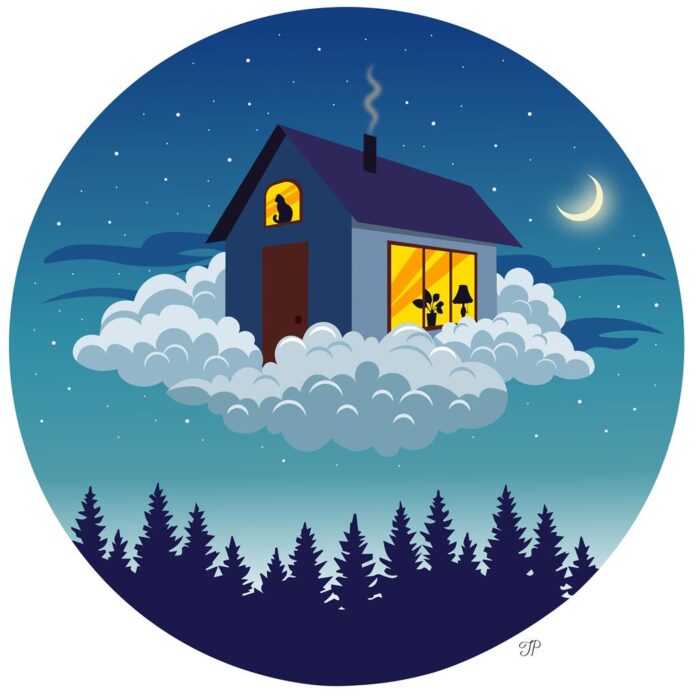 A cozy-looking house is flying in the clouds over the night forest. The sky is dark, illuminated by a bright crescent and twinkling stars in the background.